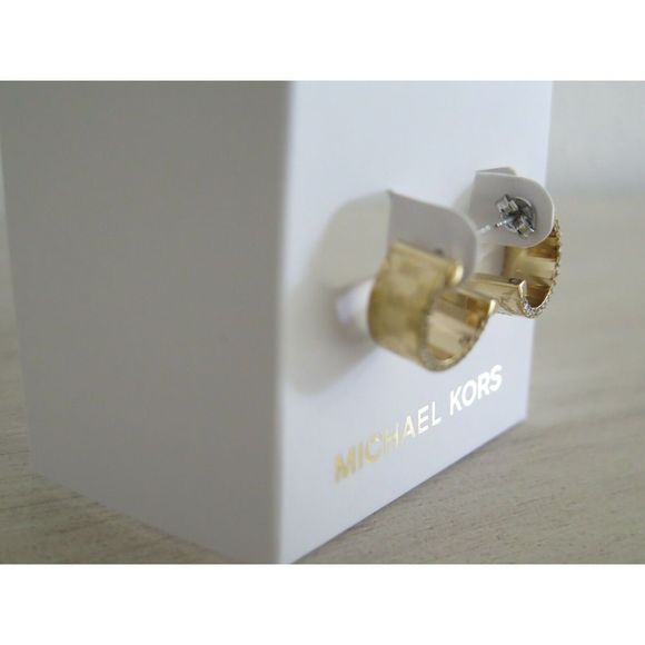 Michael Kors MKJX7845710 MK Monogram Yellow Gold Hoop Stud Earrings Crystals - Picture 9 of 10